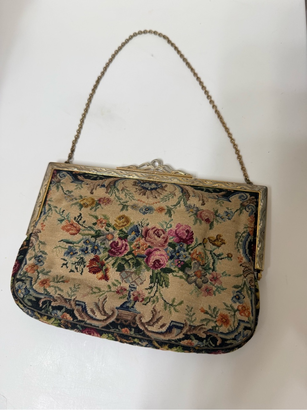 Vintage 1930s Micro Petite Embroidered Floral Purse with Gold Chain